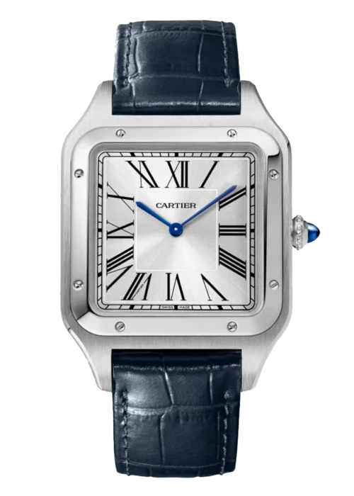 Santos-Dumont Large Stainless Steel Watch - Classic Roman Numeral Silver Dial Slim Dress Watch