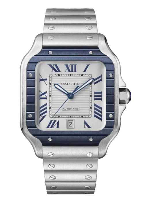 Santos Blue Bezel Silver Dial Medium Model Steel Watch
