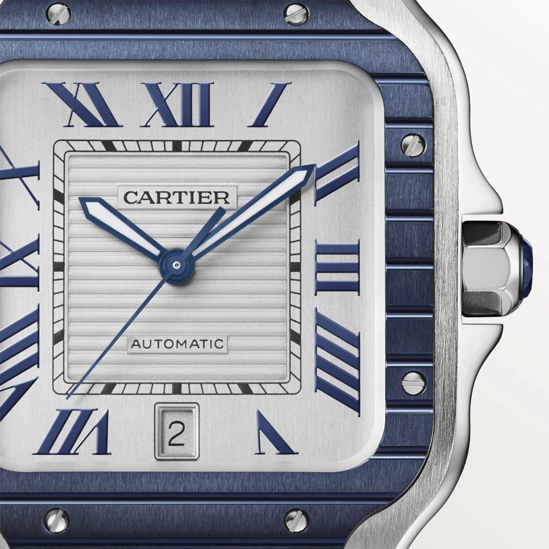 Santos Blue Bezel Silver Dial Medium Model Steel Watch - Image 3