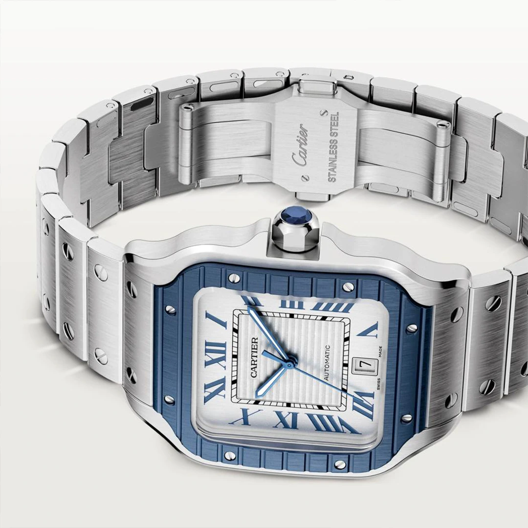 Santos Blue Bezel Silver Dial Medium Model Steel Watch - Image 4