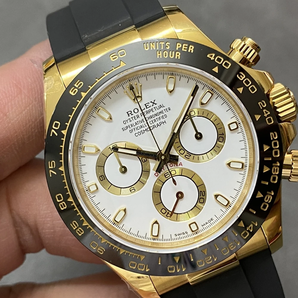Cosmograph Daytona 40mm Gold Tone Case White Dial Rubber Strap Chronograph Watch - Image 3