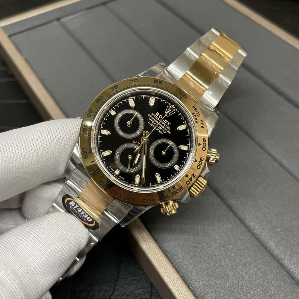 Cosmograph Daytona Two-Tone Style Racing Chronograph - Black Dial with Sparkling Markers - Image 3