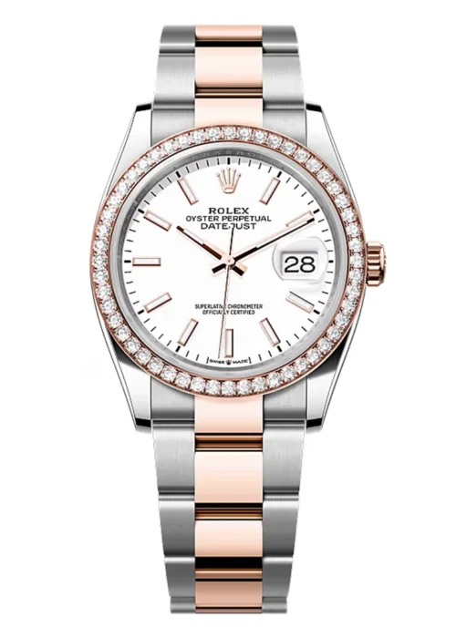 Datejust 36 White Dial Diamond Bezel Rose Gold Tone Oyster Bracelet Elegant Watch